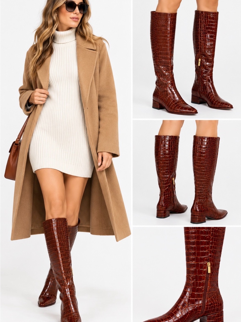 Veronica Beard Brown Croc Embossed Knee High Boots Wide Calf Size 5M